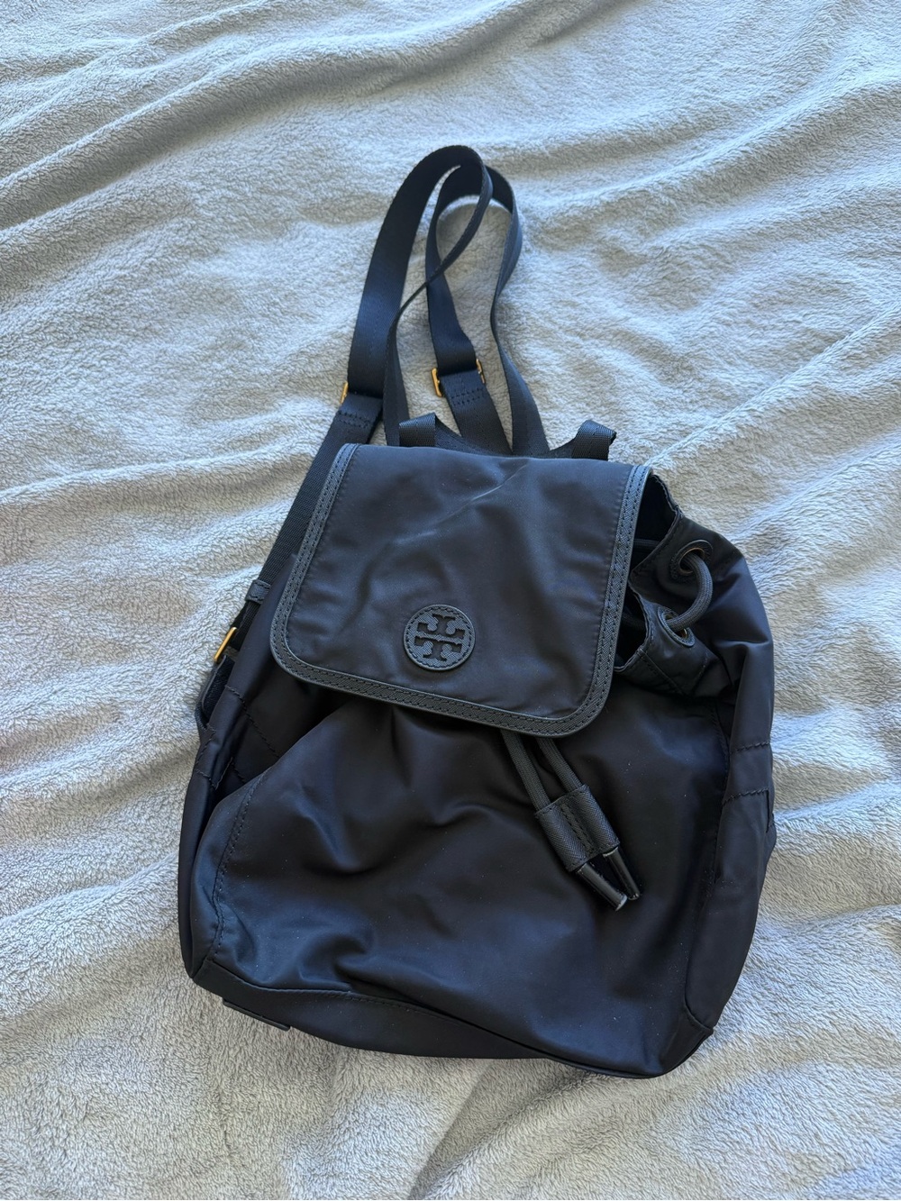 Tory Burch Black Nylon Flap Drawstring Backpack, scout mini backpack